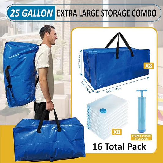 16 Pack Heavy Duty Extra Large Moving Bags with Backpack Straps & Large Vacuum Storage Bags Moving Supply Combo, Moving Totes with Handles & Zippers for Space Saving, Fold Flat, Includes Vacuum Bags