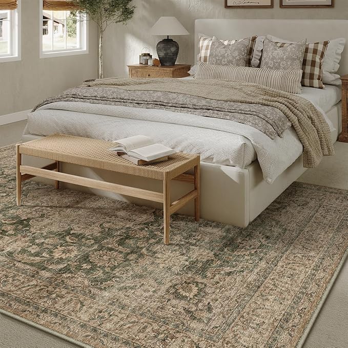 8x10 Washable Vintage Area Rug Green Brown Living Room Bedroom Carpet Non-Slip Soft Low Pile Distressed Indoor Large Throw Rug for Dining Room Office