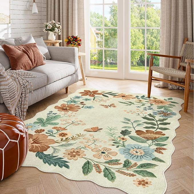 Lahome Floral Bedroom Rug,4x6 Washable Area Rugs for Living Room Dining Room, Non Slip Ultra-Thin Stain Resistant Boho Throw Carpet for ‎Office (4x6ft,Beige)