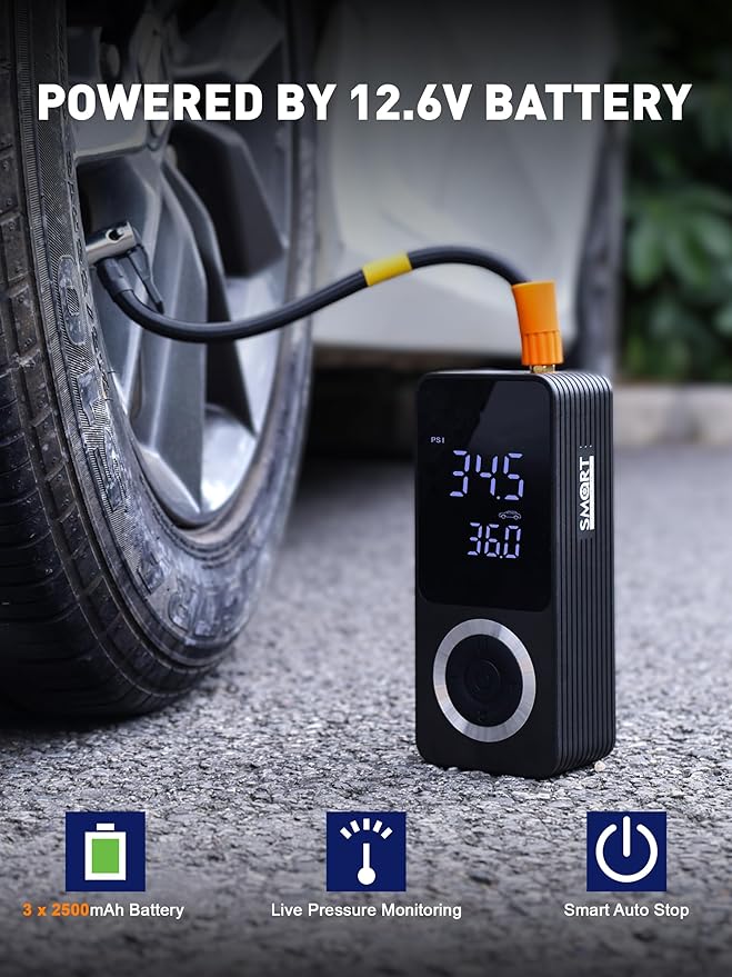 SMART JERRY - Tire Inflator Portable Air Compressor | Cordless Mini Bike Tire Pump with Gauge | Dual-Power Electric 12V Air Compressor for Auto, Motorcycles, Bikes, Balls | Fast Inflation Max 150 PSI
