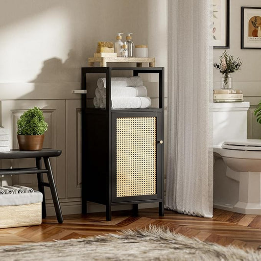 Bamboo Floor Rattan Cabinet, Small Bathroom Storage Organizer Rack with 1 Door and 1 Shelf, Space Saving Wood Kitchen Cupboard, Hallway Side Table, Living Room Freestanding Stand (Black)
