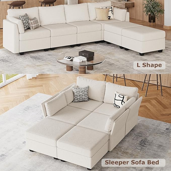 114.17" Modular Sectional Sofa, 6 Seat Modular Couch with Storage, Memory Foam, Convertible Sectional Couches for Living Room, U Shaped Comfy Modular Sofa with Chaise, Beige