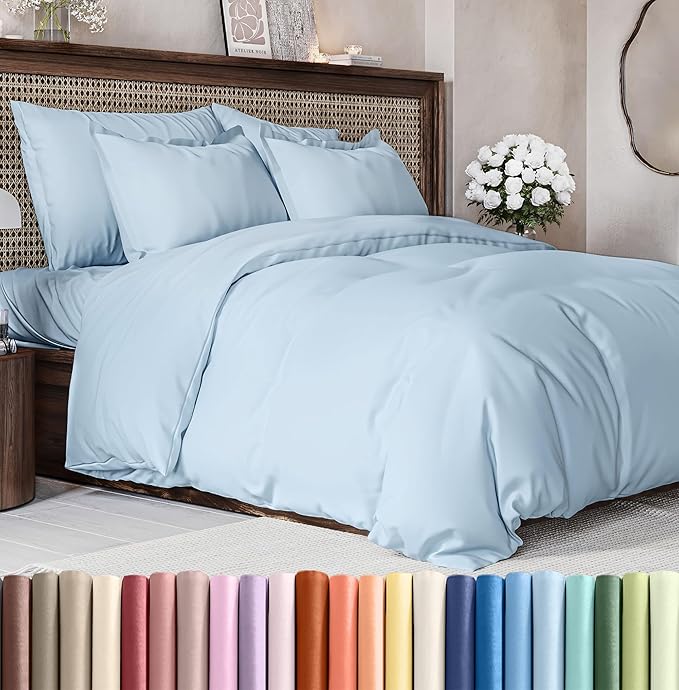 Duvet Cover Queen Size Set - Extra Soft Queen Size Duvet Cover 90 x 90 with 2 Pillow Shams - Hotel Luxury Easy Care and Fade Free w/Zipper Closures & Ties - Comfy Breathable Bedding Set (Light Blue)