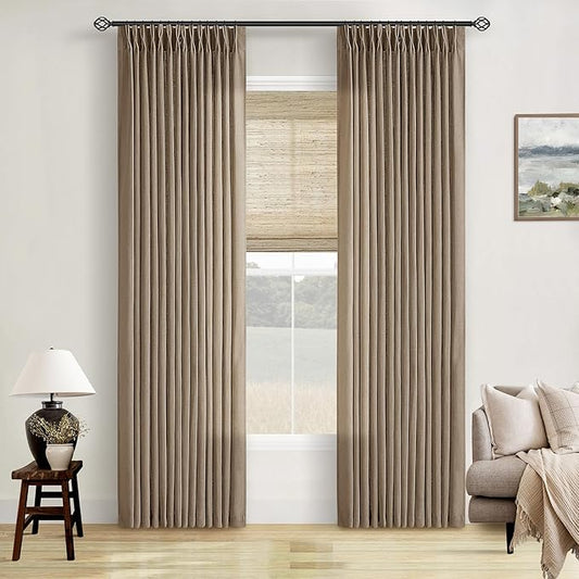 Pinch Pleated Neutral Linen Curtains 84 Inches Long 2 Panels Set for Living Room Dining Pinch Pleat Back Tab Light Filtering Farmhouse Boho Retro Window Curtain Drapes 84 Inch Length Latte Tan Brown