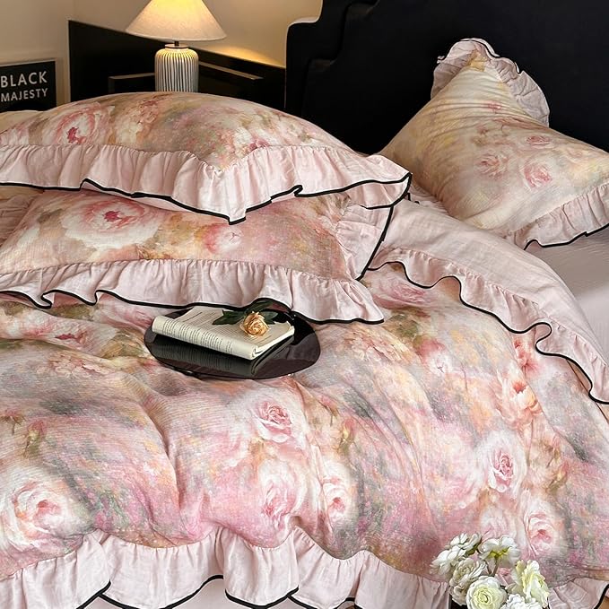 HighBuy Cottagecore Floral Linen Duvet Cover Queen for Hot Sleepers,Coquette Bedding Ruffle Duvet Cover Set Shabby Chic Yarn-Dyed Textured Bedding Set Breathable Durable Luxury with Zipper