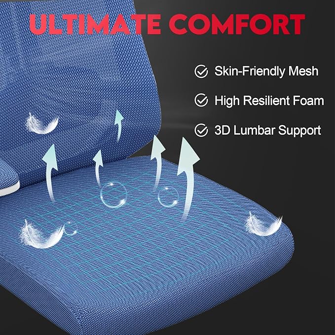 Ergonomic Office Chair - 400LB Comfy Desk Chairs with Lumbar Back Support, Mesh Computer Chairs with Wheels and Arms for Home Office, Study (669Blue-Without Headrest)