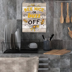 YCYD Bee Decor Bee Nice Or Buzz Off Wooden Hanging Sign, Rustic Farmhouse living room Decorations for Home Kitchen Wall Art Sign 10x8 Inches Inspirational Gift for Bee Farm Owners