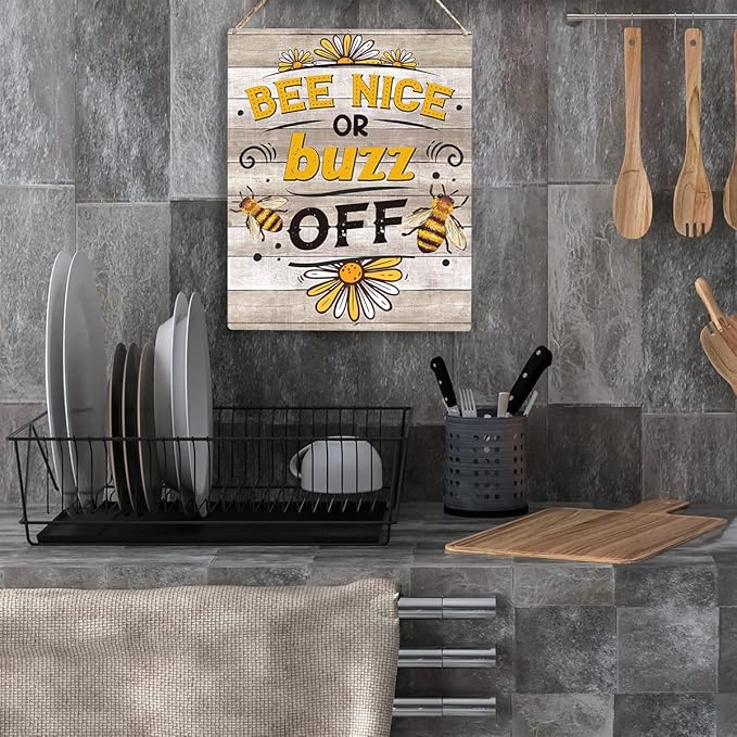 YCYD Bee Decor Bee Nice Or Buzz Off Wooden Hanging Sign, Rustic Farmhouse living room Decorations for Home Kitchen Wall Art Sign 10x8 Inches Inspirational Gift for Bee Farm Owners