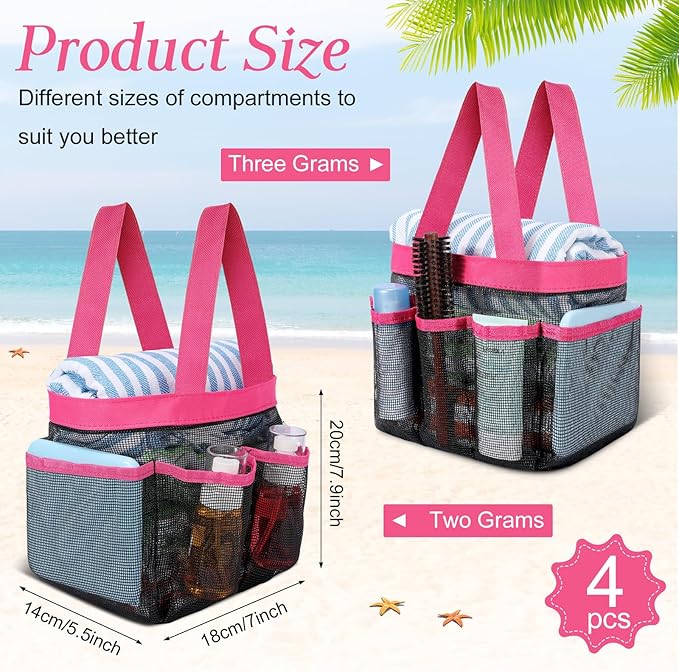 Hillban 4 Pcs Mesh Shower Caddy Portable Large Quick Dry Shower Caddy Basket with Deeper 8 Pockets and 2 Handles Hanging Bag for College Dorm Room(White, Pink, Green, Rose Red)