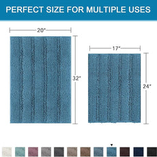 H.VERSAILTEX Turquoise Bathroom Rug, 2 Piece Bathroom Rug Set Slip-Resistant Extra Absorbent Soft and Fluffy Thick Striped Bath Mat Shag Floor Mat(Turquoise Blue, 20