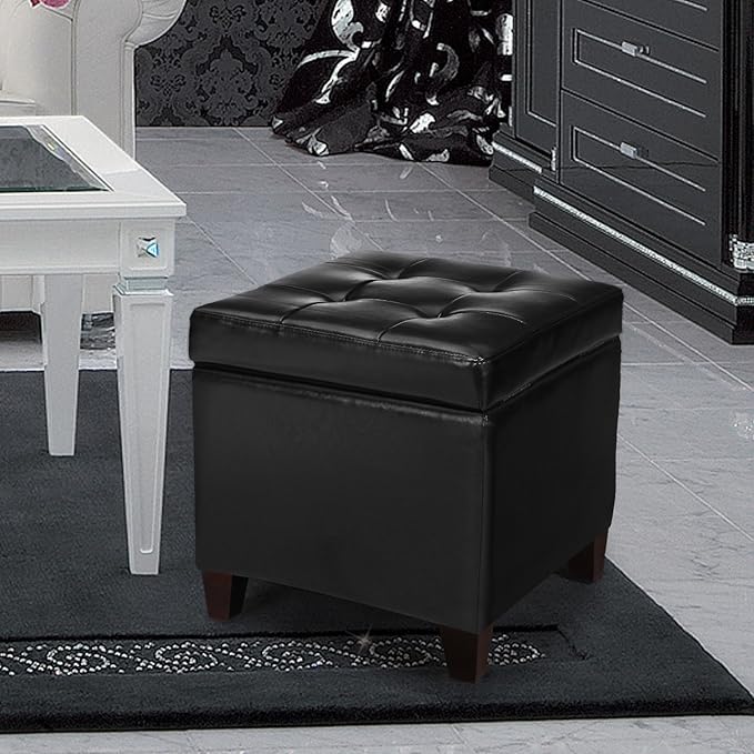 Black PU Leather Square Storage Ottoman Lift Top Footstool with Wood Legs, 18"x18"x18"