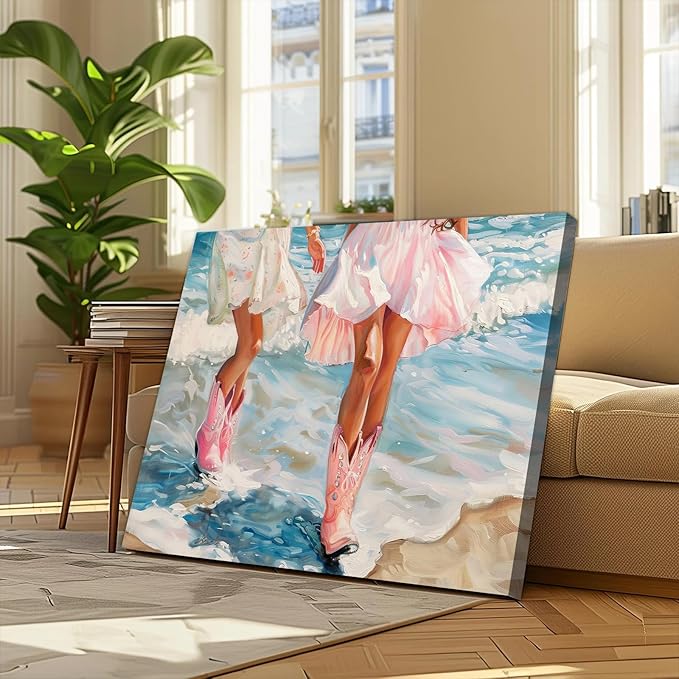 Cowgirl Boots Wall Art Pink Cowgirl Boots FramedWall Decor Retro Pink Western Aesthetic Canvas Prints Poster Trendy Preppy Girls Room Decor Picture for Living Room Bedroom Dorm Framed 16 X 24 in