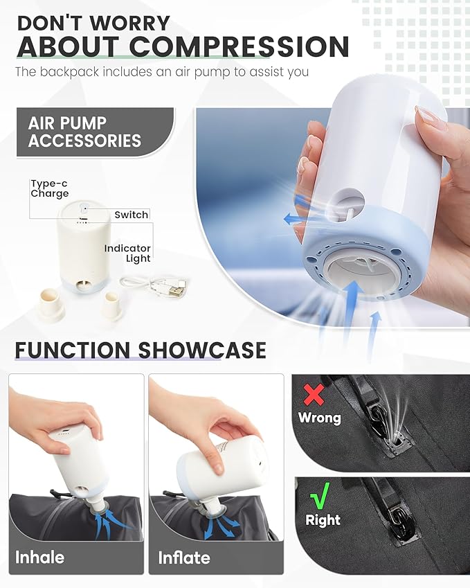 suwasp Vacuum Backpack Travel with Pump, Travel Backpack for Women Men, Vacuum Compression Bags with Laptop Compartment/Shoe Compartment, Personal Item Carry On Backpacks Flight Approved, Light Blue