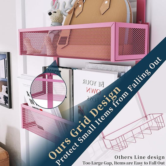 Consumest Over The Door Hooks Organizer - Extra Long Door Hanger with 9 Coat Hooks & 2 Mesh Basket, Back Storage Organizer Hanging Towels for Bathroom, Bedroom - Pink (for 1.76 in Doors)