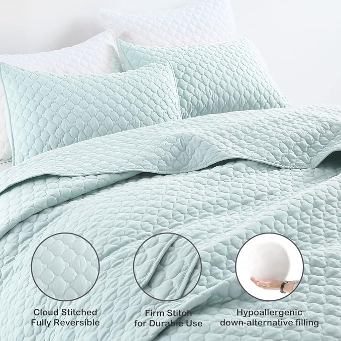 HORIMOTE HOME Quilt Twin Size Aqua Blue, Lightweight Quilt for Summer Ultra-Soft Microfiber Modern Style Quilted Clouds Pattern Bedspread Quit Set 2 Pieces (1 Quilt and 1 Pillow Sham)