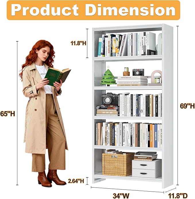 Book Shelf 69" H, 5-Tier Metal Shelving, Modern White Bookcase, Wide Bookshelf for Bedroom, Livingroom, Home Office, Library, Screw-Free Installation