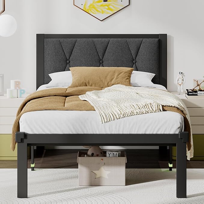 Twin Size Metal Bed Frame, Platform Bed with Upholstered Button Tufted Headboard, 12" Underbed Storage, Steel Slats Support, No Box Spring Needed, Easy Assembly, Noise-Free, Dark Grey