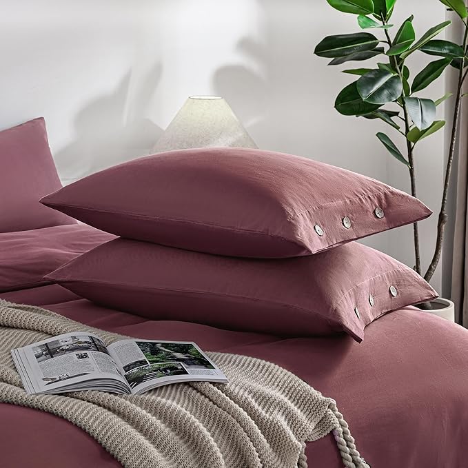 JELLYMONI Pillowcases Standard Set of 2 Cotton Button Pillow Covers 20×26in Dusty Rose Bed Pillow Cases 100% Washed Cotton Soft Breathable (Pillows are not Included)
