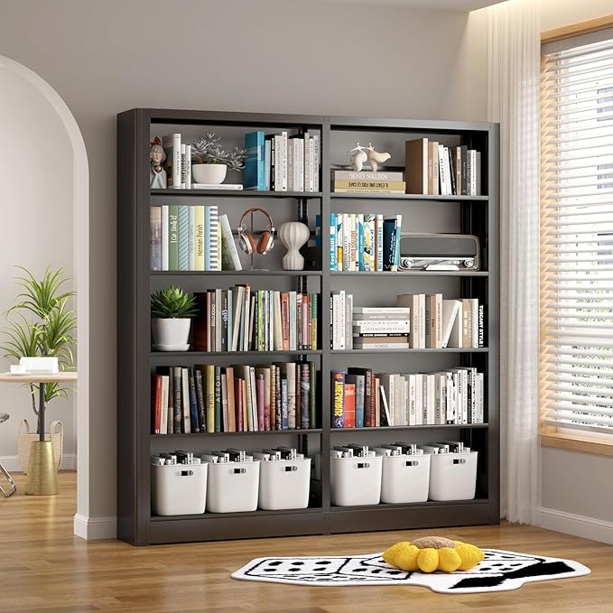 5 Tier Metal Bookshelf, 69" Tall Bookcase with Adjustable Storage Shelves, Heavy Duty Metal Book Shelf Organizer for Living Room, Office, Library, Including Book Stoppers (Black, Set of 2)