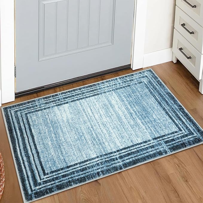 Lahome Modern Abstract Area Rug, Washable Blue 2x3 Entryway Rugs Non Skid Front Door Rug Indoor Low-Pile Kitchen Carpet, Minimalist Bordered Soft Bedroom Throw Rug for Bathroom Entry