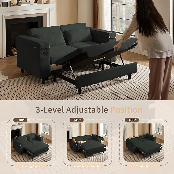 66" Multi-Functional Pull-Out Sofa Bed with Hidden Side Table, Storage Armrests, Built-in Charging Port, Spring Mattress, Solid Wood Frame – Ideal for Small Spaces, Easy Assembly