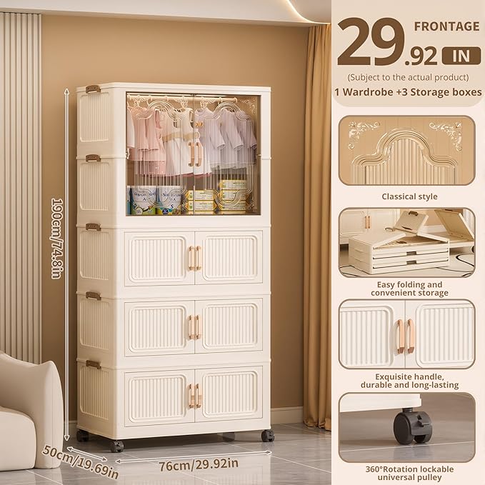 Collapsible Foldable Stackable Storage Bins with Lids on Wheels, Heavy Duty Extra Large Plastic Wardrobe Closet Organizer Cube, Rolling Clothes Storage Container for Sweaters Blanket One Clear Cabinet