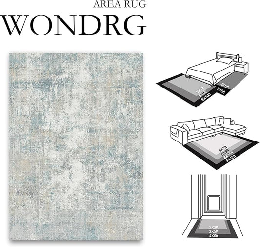 10x12 Area Rug Blue Cream Abstract Living Room Bedroom Washable Carpet Neutral Modern Non-Slip Soft Low Pile Lightweight Vacuumable Large Throw Rug for Dining Room