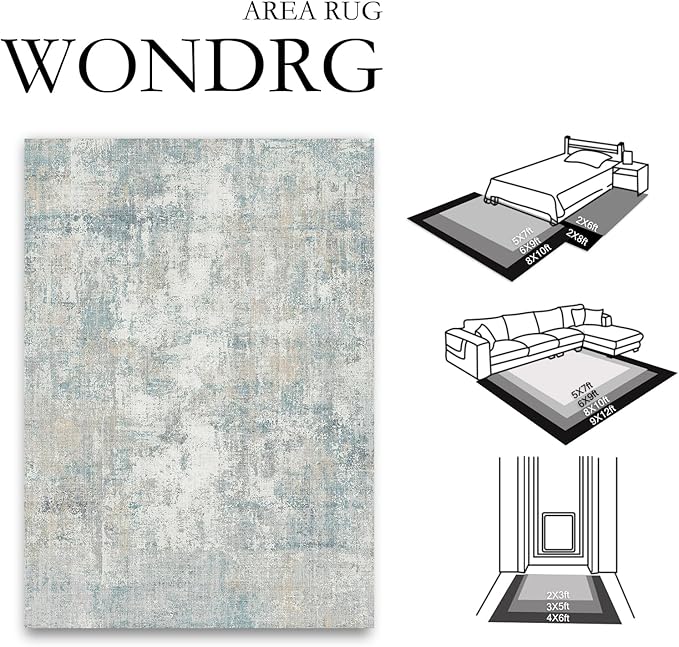 5x7 Washable Area Rug Blue Cream Abstract Living Room Bedroom Carpet Neutral Modern Non-Slip Soft Low Pile Lightweight Vacuumable Throw Rug for Dining Room Entryway