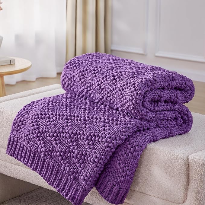 Knitted Weighted Blanket for Adult, Chunky Knit Weighted Throw for Sleep 50"*60" 7lbs, Cooling Breathable Heavy Blanket for Hot Sleepers, Machine Washable Blanket for Room Decor(Purple)