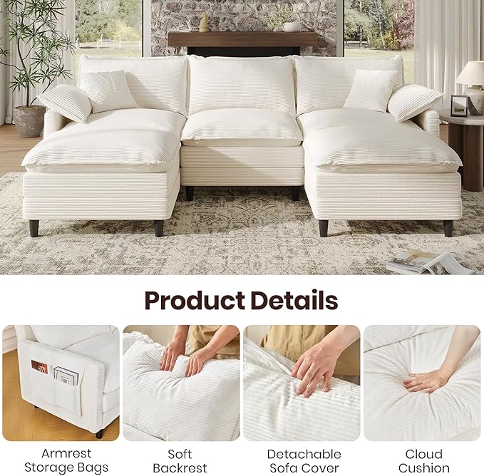 108" U Shaped Modular Sectional Cloud Couch with Two Ottoman, Snap-on Easy Installation 5-Piece Deep Seat Sofas with Storage Bag and Coffee Table for Living Room, Corduroy, Beige