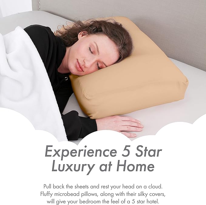 PILLOWY Premium Microbead Bed Pillow, Large Extra Fluffy But Supportive - Ultra Comfortable Sleep with Silk Like Anti Aging Cover 85% Spandex/ 15% Nylon Breathable, Cooling Barely Beige