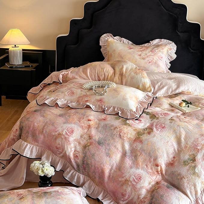 HighBuy Rose Floral Linen Duvet Cover Full Size,Boho Chic Floral Bedding with Ruffle Design, Breathable & Durable Bedding,Farmhouse Cooling Comforter Cover Sets 1 Duvet Cover and 2 Pillowcases