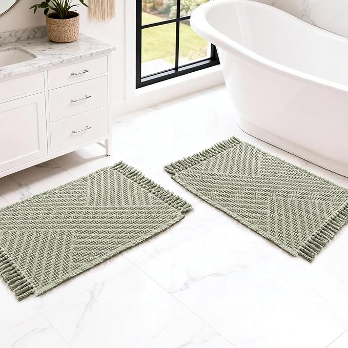 H.VERSAILTEX Waffle Bath Mat Super Absorbent Boho Bath Mat Non Slip Bath Rugs for Bathroom Floor Machine Washable Dry Fast Bathroom Rugs with Tassels (17 x 24 Plus 17 x 24 Inches, Sage)