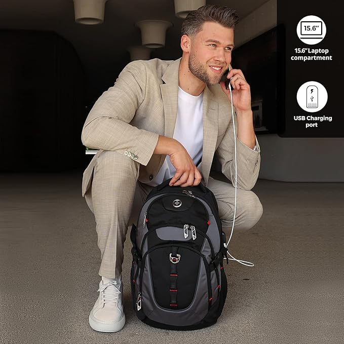 Swissdigital Design Laptop Backpack with USB Charging Port, Travel Backpack Fits 15.6 inches Computer, 31L College School Backpack for Men, Black/Grey | SD803-02