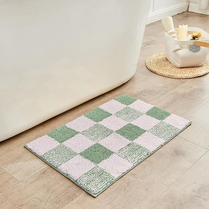 CozeCube Bath mats for Bathroom Non Slip, Fluffy Absorbent Microfiber Bath mat Washable, Aesthetic Bathroom Rugs, Long Sage Green Checkered Bath mat, Sage Green, 47" x 24"