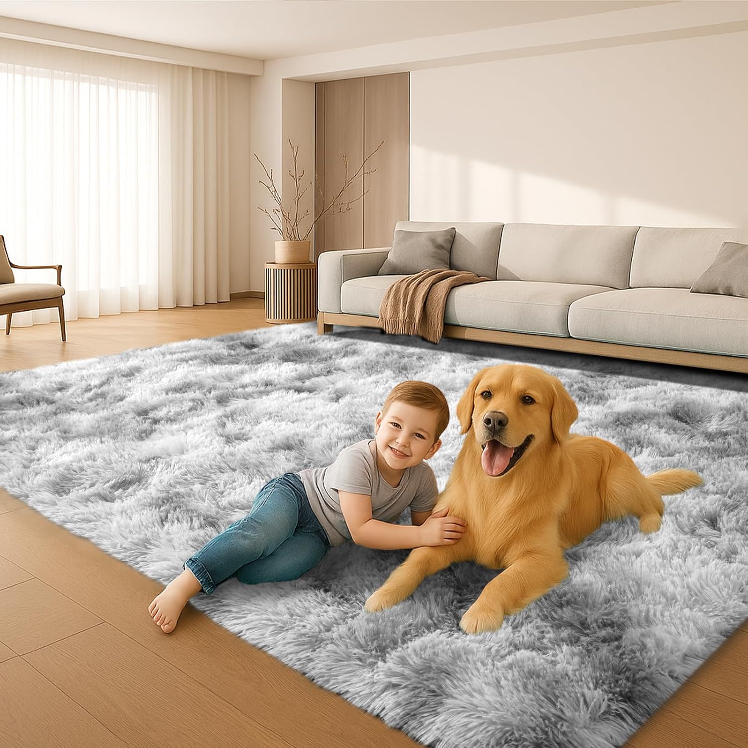 8x10 Area Rugs Living Room, Beige Large Plush Fluffy Bedroom Carpet, Non-Slip Upgraded Indoor Thick Soft Rug, Modern Plush Carpet Suitable for Kids Home Decor Aesthetics Dorm. Dormly