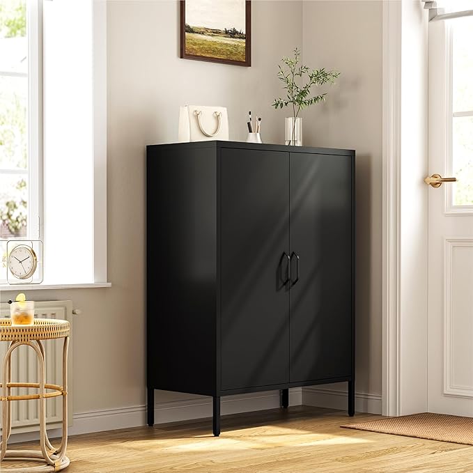 Metal Locker Cabinet, Black Storage Cabinets with 2 Doors and Adjustable Shelves, 3 Tier Modern Storage Freestanding Sideboard for Living Room,School,Office Home Kitchen and Coffee Bar