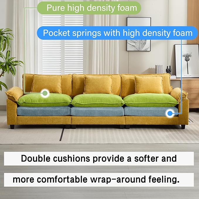 120" Modular Sectional Sofa, Comfy Cloud Couch Sectional Sofa, Chenille Sofa Sleeper Deep Seat Sofa with Throw Pillows for Living Room (Yellow, 120"- 3 Seater)