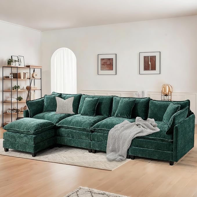 SoarFlash 149.61" Chenille Sectional Sofa, Comfy L Shaped Modular Coush Sofa with Ottoman, Modern 4 Seat Couch Deep Seat Sofa Set for Living Room,Green
