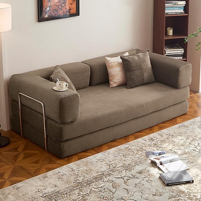 78.8" Convertible Sofa Bed -Compression Sofa with Corduroy Fabric - with Armrests and Backrest - Modular Sectional for Living Room, Bedroom, Studio - Compression Sofa in Box (Brown)