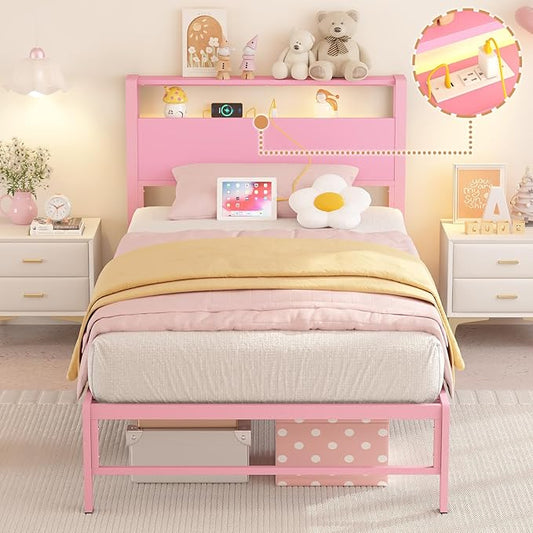 Twin Bed Frames with Charging Station, 2 Tiers Storage Headboard Twin Sized Bed No Box Spring Needed Heavy Duty Metal Platform for Girls, Pink