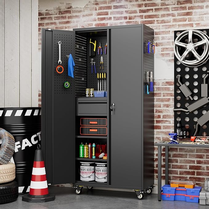 SUXXAN 71" Metal Garage Storage Cabinet with 16 Hooks and Pegboards,1 Drawer Inside Rolling Tool Storage Cabinet with Adjustable Shelves,3 Metal Hanging Rod for Garage,Warehouse