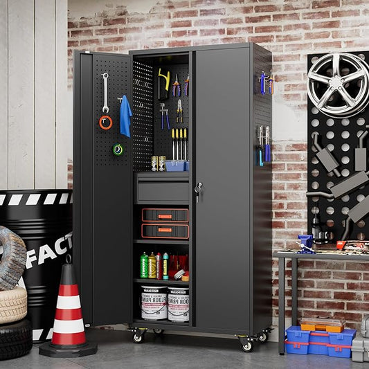 SUXXAN 71" Metal Garage Storage Cabinet with 16 Hooks and Pegboards,1 Drawer Inside Rolling Tool Storage Cabinet with Adjustable Shelves,3 Metal Hanging Rod for Garage,Warehouse