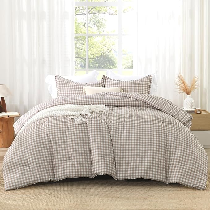Andency Tan Gingham Comforter Set Twin(66x90Inch), Brown Checkered Grid Plaid Buffalo Bed Set for Girls Boys Kids Teens, 2 Pieces Lightweight Microfiber Geometric Preppy Bedding