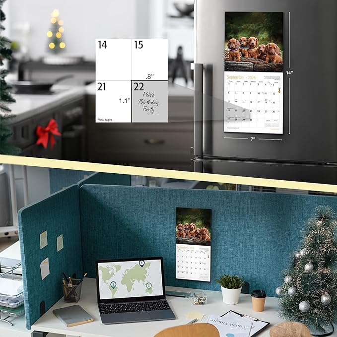 RED EMBER Dachshund Puppies 2026 Mini Wall Calendar 12 Month | 7" x 14" Open | Thick & Sturdy Paper | Holiday Gift | Cute Weiner Puppy Dog Calendar 2026