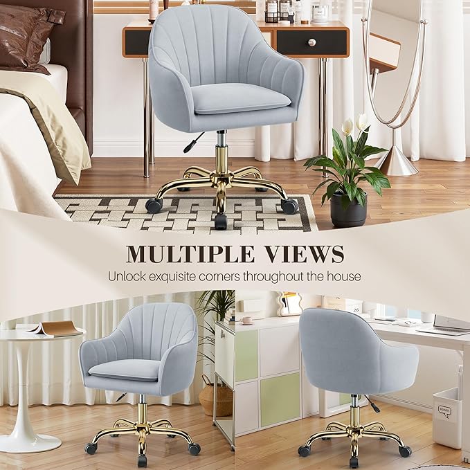 Vanity Chair with Wheels, Comfy Home Office Desk Chairs Adjustable Modern Velvet Makeup Vanity Chairs for Bedroom Living Room-Gray