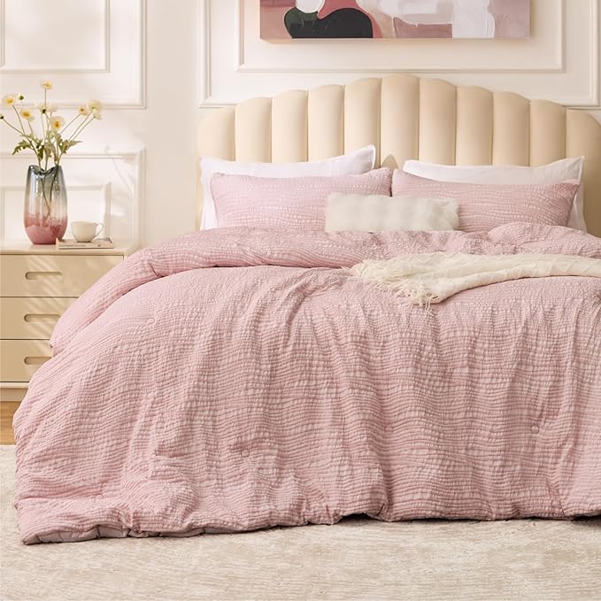 BEDELITE Blush Pink King Size Comforter Set - 3 Pieces Boho Tufted Jacquard Bedding Comforter Sets, Lightweight Soft & Warm King Bedding Set with 2 Pillowcases for All Season