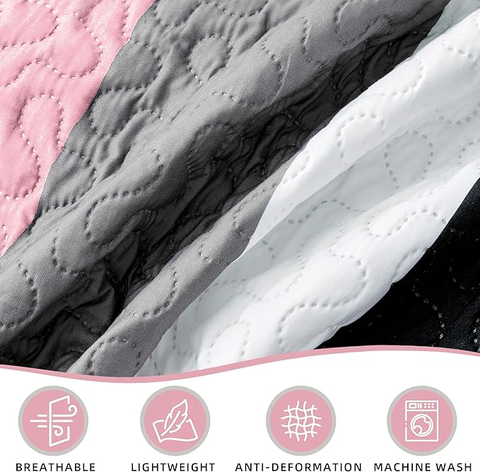 3 Piece Pink Grey Quilt Set King Size Pink Gray White Geometric Reversible Bedding Set Microfiber Lightweight Bedspread Coverlet with 2 Shams Modern Bed Cover for All Season, 106''x96''