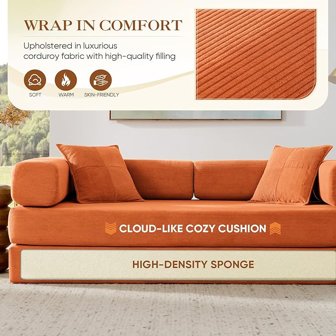 Antetek Convertible Futon Sofa Bed, 3-Seater Modern Corduroy Foam Floor King Size Bed Fold Out Sleeper Lounge Loveseat Sofa Couch with 2 Throw Pillows for Living Room Bedroom Guest Room, Orange