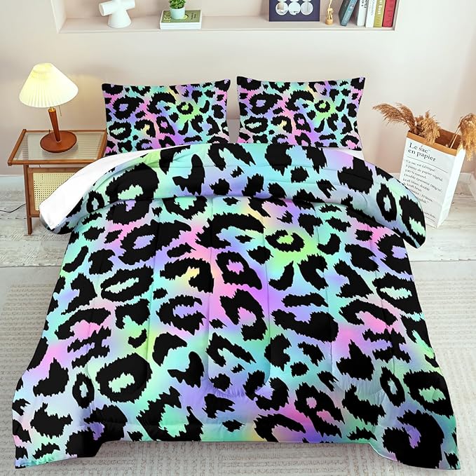 Rainbow Leopard Print Comforter Set Queen Girls Colorful Cheetah Comforter Queen Animal Leopard Print Bedding Set Women Purple Cheetah Bedding Quilt Bedroom Decor